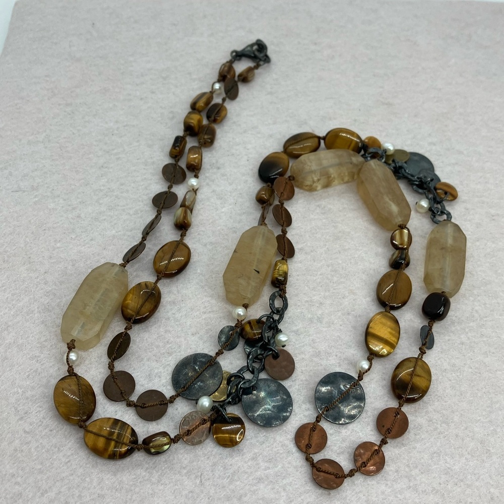 Silpada Sterling Brass Multi-Gemstones Single Strand Hammered Charm Necklace 36"